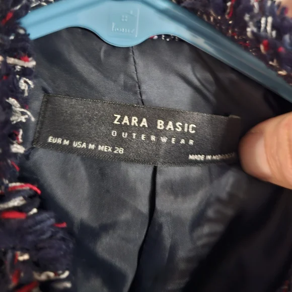 Zara Basic Women’s M Navy Tweed Moto Jacket Fringe Trim Zip Front Bouclé Blazer - Picture 4 of 8